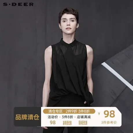 sdeer圣迪奥女装轻薄素黑翻领不规则裁剪无袖衬衫S19280604图片