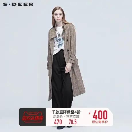 sdeer圣迪奥女装秋款时尚格纹拼接收腰长款风衣外套S20381820图片