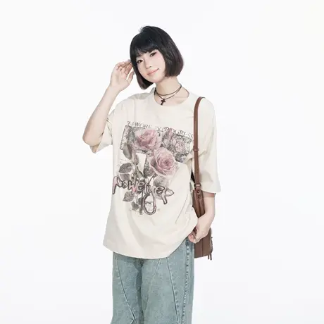YEP复古玫瑰花短袖t恤男女春夏季新款圆领情侣装半袖宽松潮牌上衣图片
