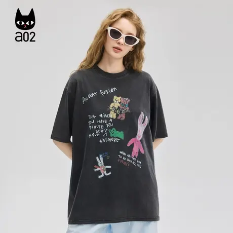 a02洗水工艺宽松圆领短袖T恤女2025新款夏季设计感上衣纯棉半袖图片