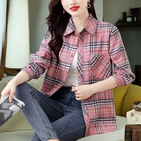 复古格子衬衫女士长袖2025年开春季新款上衣宽松显瘦中年妈妈衬衣图片