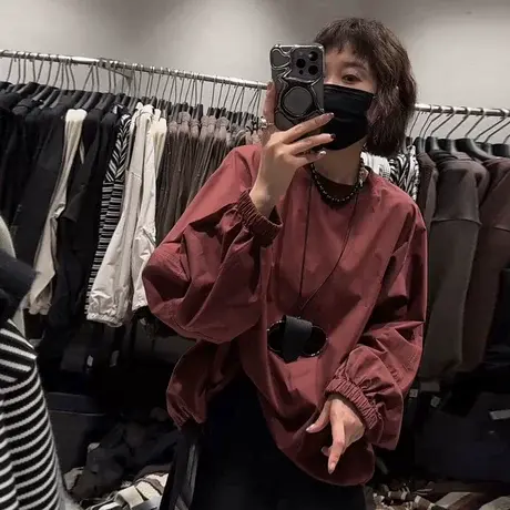 欧货红色圆领长袖衬衫女早秋宽松休闲衬衣设计感小众慵懒bf风上衣商品大图