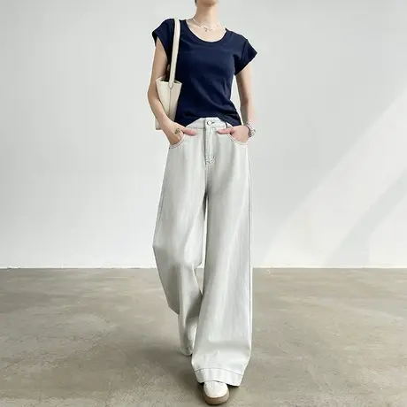 灰白色美式阔腿牛仔裤女夏季薄款高腰垂感宽松休闲显瘦直筒拖地裤商品大图