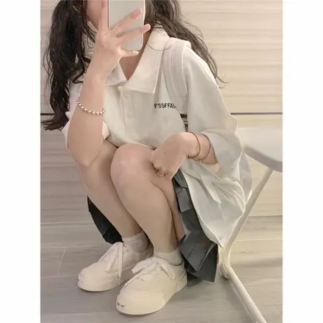 美式复古翻领POLO衫T恤短袖女夏季韩版宽松字母刺绣华夫格上衣潮商品大图