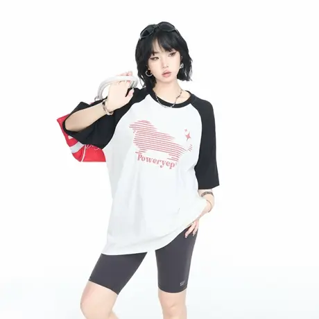 美式撞色插肩袖创意印花短袖T恤女夏季2025新款宽松情侣款上衣潮图片