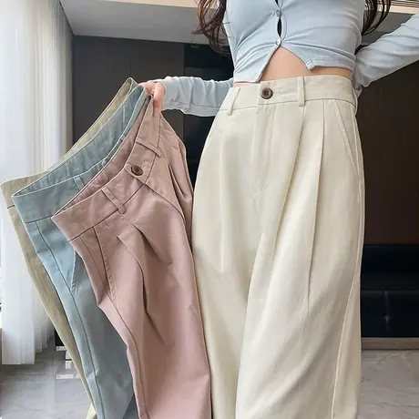 洗水棉抗皱阔腿裤女春季新款高腰显瘦宽松小个子休闲直筒拖地裤子商品大图