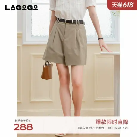 LAGOGO纯棉高腰休闲短裤女拉谷谷2025年夏季新款显瘦腰带直筒裤商品大图