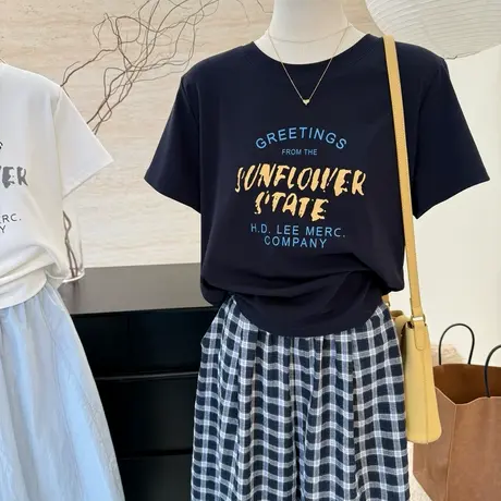 夏季韩系设计感字母印花雪花棉短袖T恤女新款宽松显瘦休闲上衣潮图片