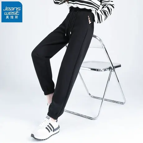 KHV真维斯黑色休闲束脚裤女2025秋季新款高腰小个子宽松运动卫裤商品大图