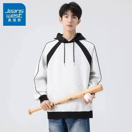 N5真维斯男士连帽卫衣2025秋季新款美式宽松时尚拼接男生春秋帽衫图片