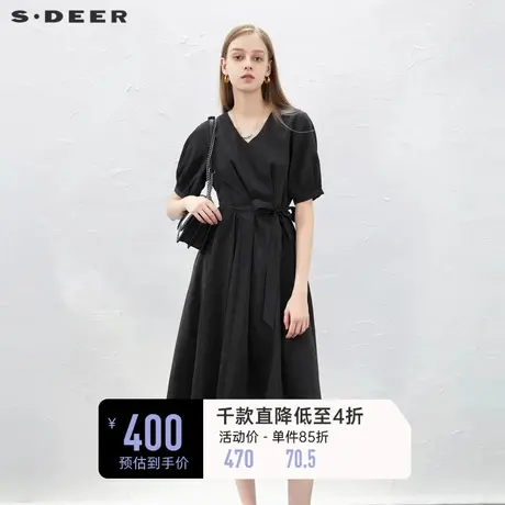 sdeer圣迪奥女装V领收腰肌理碎褶短袖连衣裙S232Z12QL商品大图