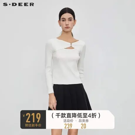 sdeer圣迪奥女装优雅V领拼接碎褶修身针织衫S23463515🍱商品大图