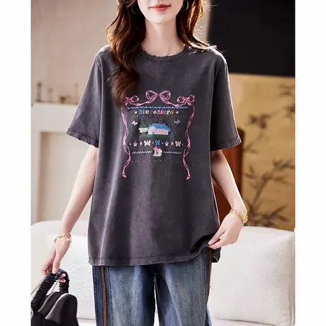 宝诗黎字母刺绣做旧短袖T恤女2025夏季韩系洋气百搭休闲棉质上衣商品大图