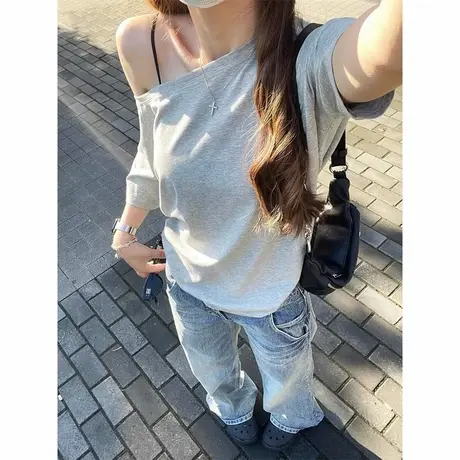 斜领露肩短袖T恤女夏季韩版宽松显瘦打底衫内搭辣妹纯欲风上衣潮图片