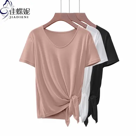 夏季新款韩版宽松休闲圆领莫代尔短袖体恤短款高腰打结上衣女开叉商品大图