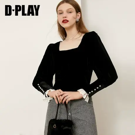 DPLAY德帕拉冬新款黑色方领气质蕾丝拼接长袖丝绒上衣打底衫商品大图