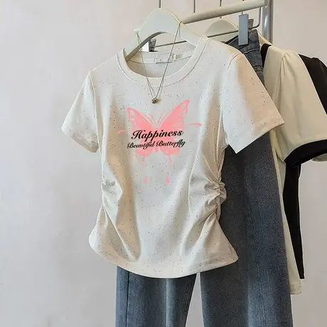 甜妹风圆领褶皱收腰短袖t恤女2025新款夏季彩虹波点洋气正肩上衣商品大图