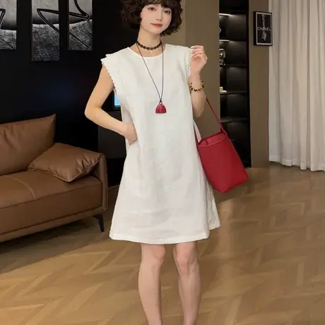 爵莱菲大码设计感亚麻圆领拼接花边袖口连衣裙显瘦中长款图片