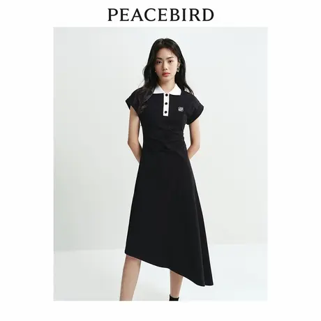 【来了就好】太平鸟黑色撞色POLO连衣裙收腰长裙时尚不规则小黑裙商品大图