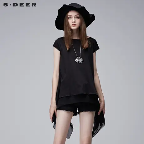 sdeer圣迪奥2019夏装飘逸不规则层次雪纺短袖上衣T恤女S17280195图片