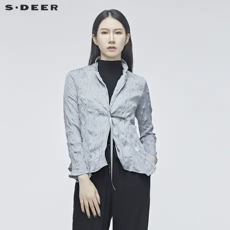 sdeer圣迪奥女装春秋褶皱休闲街头纯色短款西装外套衬衫S20182201图片