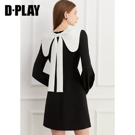 DPLAY秋装新优雅泡泡灯笼袖撞色后背立体蝴蝶结长袖连衣裙商品大图