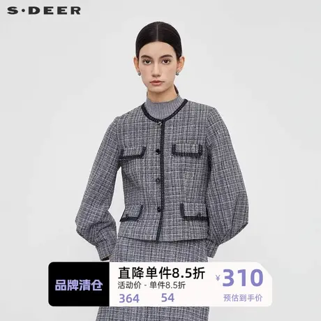 sdeer圣迪奥女装小香风套装圆领格纹泡泡袖外套S23462204图片