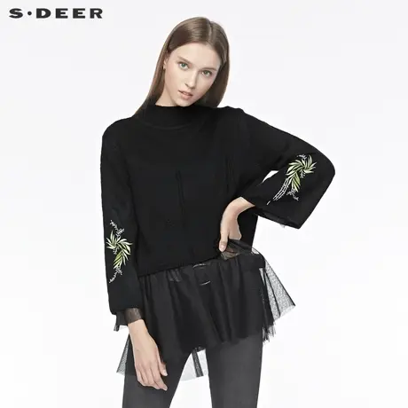 sdeer 圣迪奥 休闲高领字母绣花破洞网纱拼接两件套针织S194835F9图片