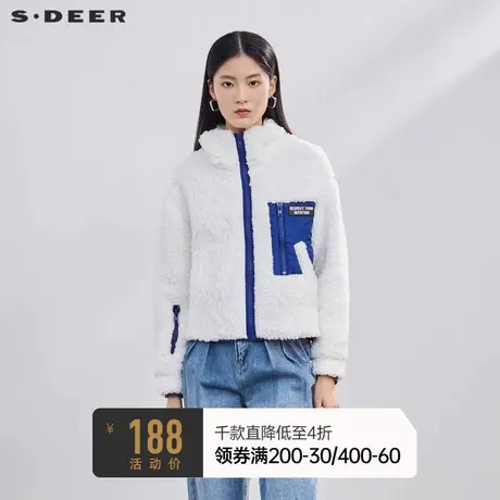 sdeer圣迪奥女装个性高领字母撞色滚球仿羊羔毛宽松外套S21462247图片