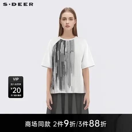 【商场同款】sdeer圣迪奥休闲圆领压褶晕染亮片短袖T恤S25280101图片