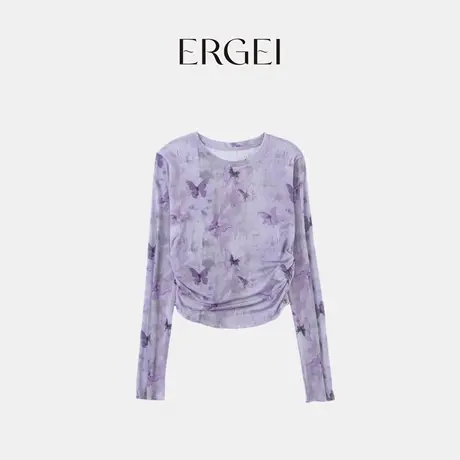 网纱薄款打底衫长袖时尚印花紫色圆领百搭夏季设计感扎染上衣女商品大图
