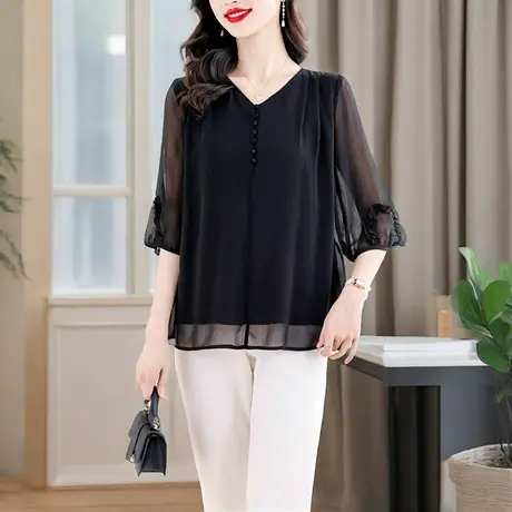 黑色V领七分袖雪纺衬衫女夏季2025新款气质洋气妈妈上衣遮肉小衫商品大图