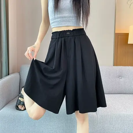 黑色冰丝五分裤女短裤夏季薄款高腰垂感宽松显瘦休闲中裤阔腿裙裤商品大图