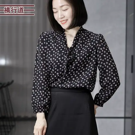 2025春季新款简约淑女丝巾领宽松碎花雪纺长袖上衣服女装大码外穿商品大图