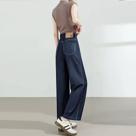 天丝抗皱阔腿牛仔裤女夏季薄款高腰宽松显瘦明线垂感丹宁蓝直筒裤商品大图