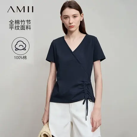 Amii2025夏新款时尚休闲V领全棉T恤女抽褶百搭短袖打底衫上衣商品大图