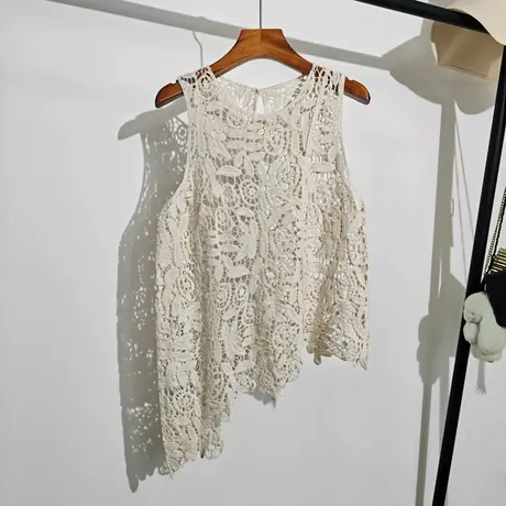 钩花镂空针织吊带背心女夏季新款波西米亚度假不规则无袖上衣外穿图片