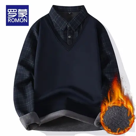 罗蒙衬衫领假两件毛衣男士加绒加厚2025新款冬季保暖一体绒针织衫商品大图