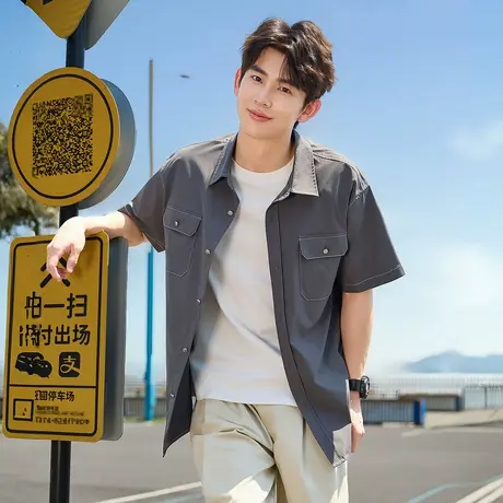 唐狮夏季新款男短袖衬衫简约日系工装口袋翻领上衣宽松开衫潮官方商品大图