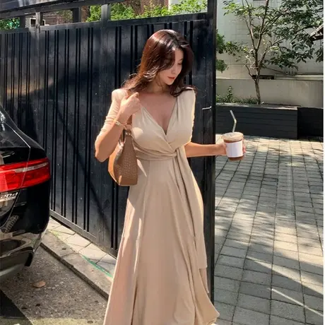 现货秋装新款韩国东大门修身显瘦系带裹身连衣裙深V领高腰长裙女商品大图