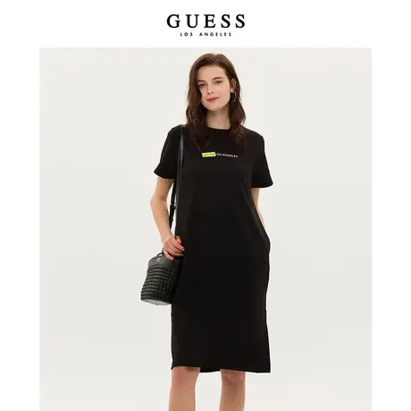 【38上新季】GUESS24年新款春季女士绣花短袖圆领黑色宽松连衣裙图片