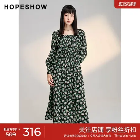 红袖度假风长裙hopeshow2023春新款印花松紧方领套头收腰连衣裙图片