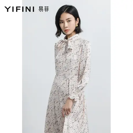 Yifini/易菲碎花收腰连衣裙2023春秋粉色蝴蝶结中长裙女气质优雅图片