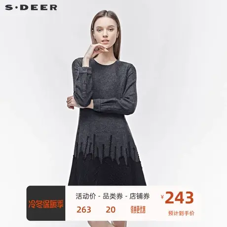 sdeer圣迪奥女装休闲圆领针织拼接毛呢长袖连衣裙S19481212商品大图