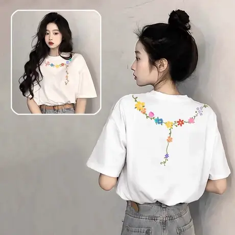 白色纯棉宽松大码半袖短袖t恤女2025新款爆款夏季减龄上衣体恤ins商品大图