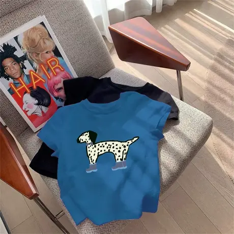 深蓝色斑点狗短袖t恤女2025新款夏季美式休闲小众独特别致短上衣商品大图