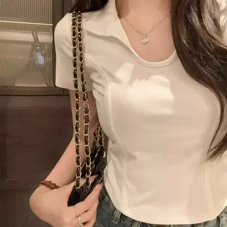 鱼骨正肩短袖T恤女夏季韩版修身内搭打底衫短款小个子Polo领上衣图片