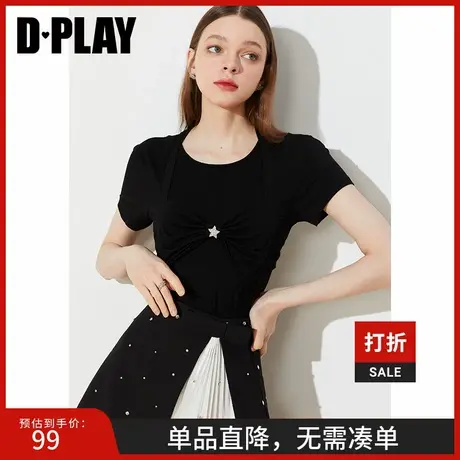 DPLAY夏新款甜美圆领蝴蝶结五角星定钻装饰短袖黑色T恤商品大图