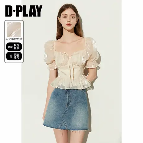 DPLAY2025年春季气质法式方领白色衬衫女蝴蝶结洋气短袖小衫上衣图片