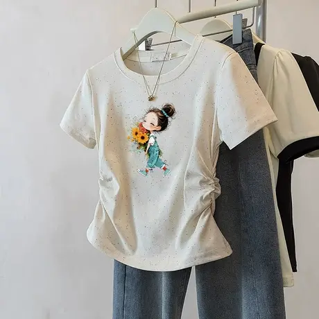 潮流短款收腰t恤女2025新款短袖褶皱修身彩虹波点减龄小个子上衣图片